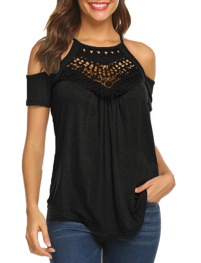 Bluetime Short Sleeve Shirts for Women Casual Trendy Loose Fit Cold Shoulder Tops Black S - Image 2